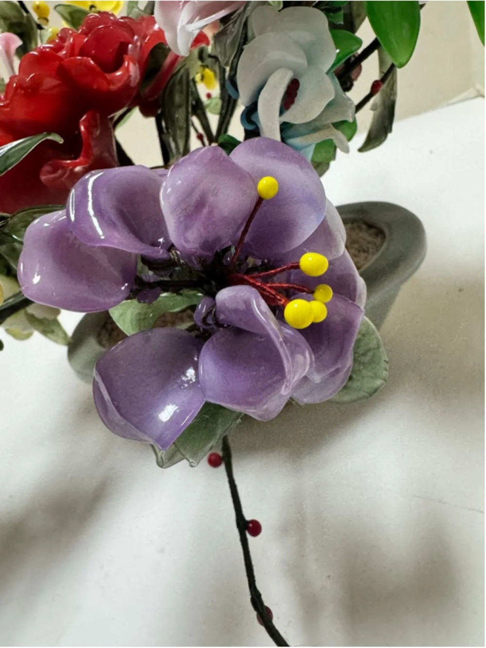 Vintage Yaun Feng Oriental Jade Glass Flowering Blossom Bonsai Tree